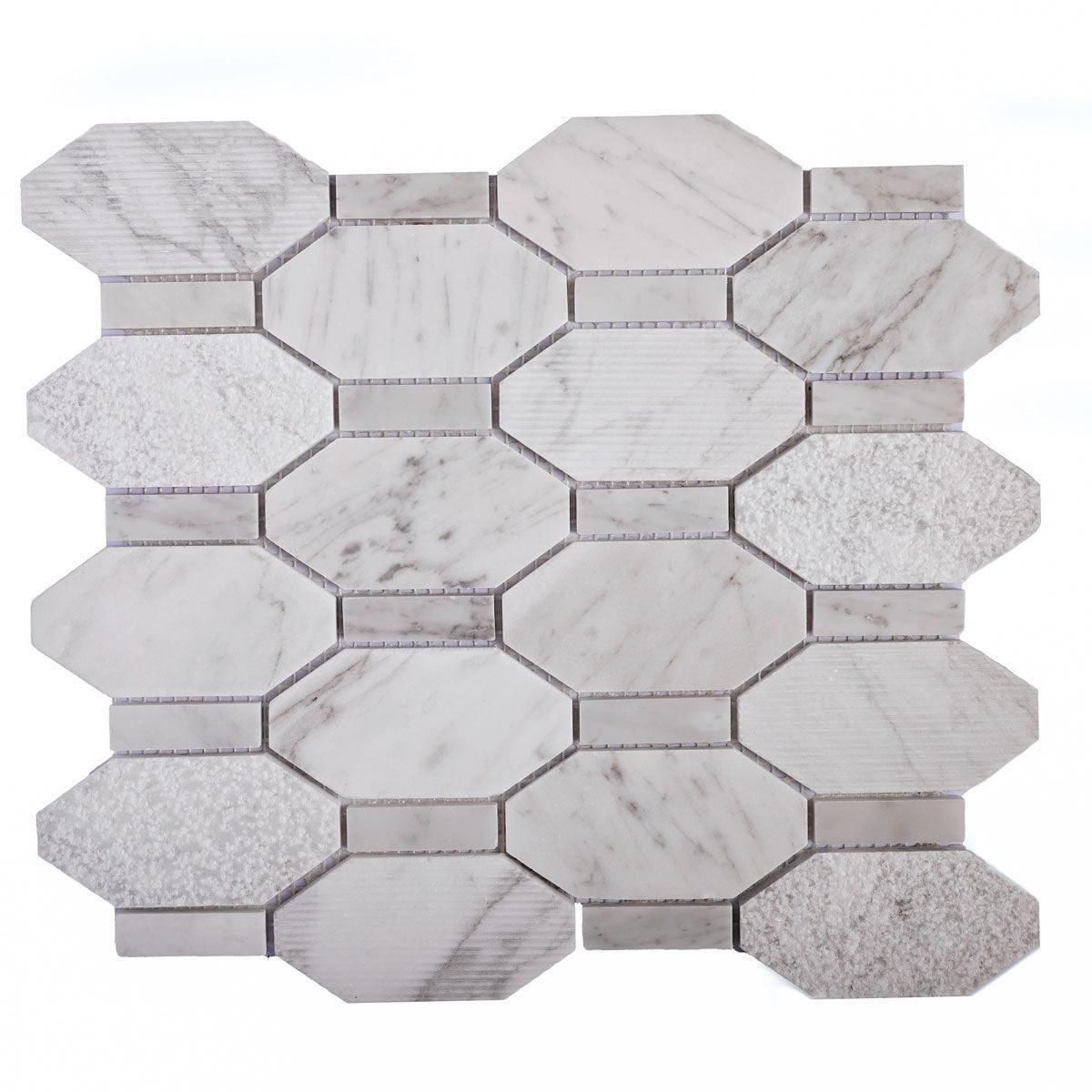 Textured Elongated Carrara Hexagon Marble Mosaic Tile | Tile Club
