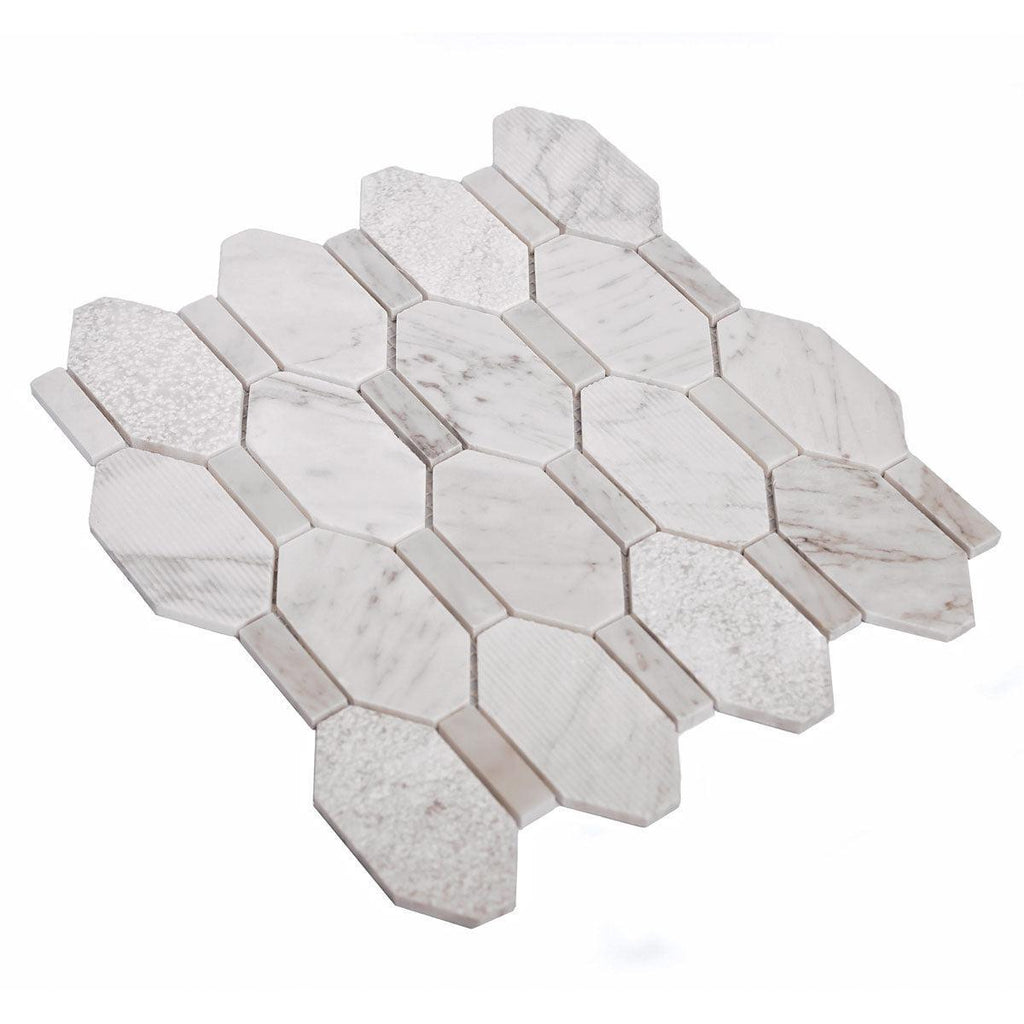 Textured Elongated Carrara Hexagon Marble Mosaic Tile