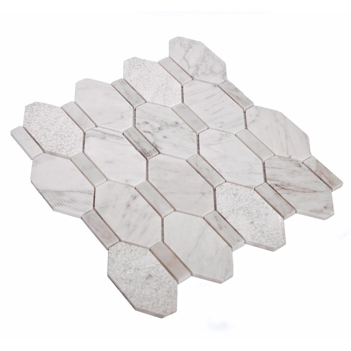 Textured Elongated Carrara Hexagon Marble Mosaic Tile