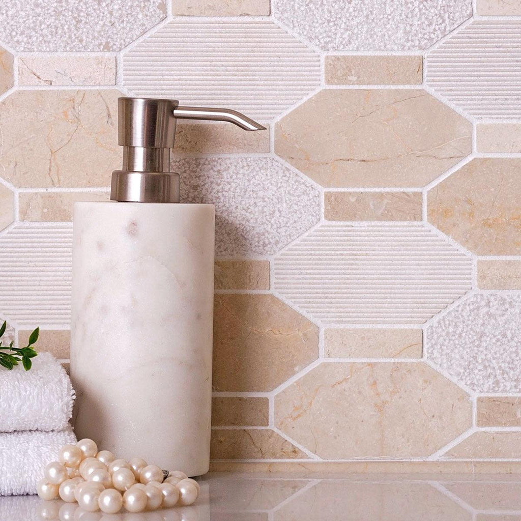 Textured Elongated Crema Marfil Hexagon Marble Mosaic Tile | Tile Club