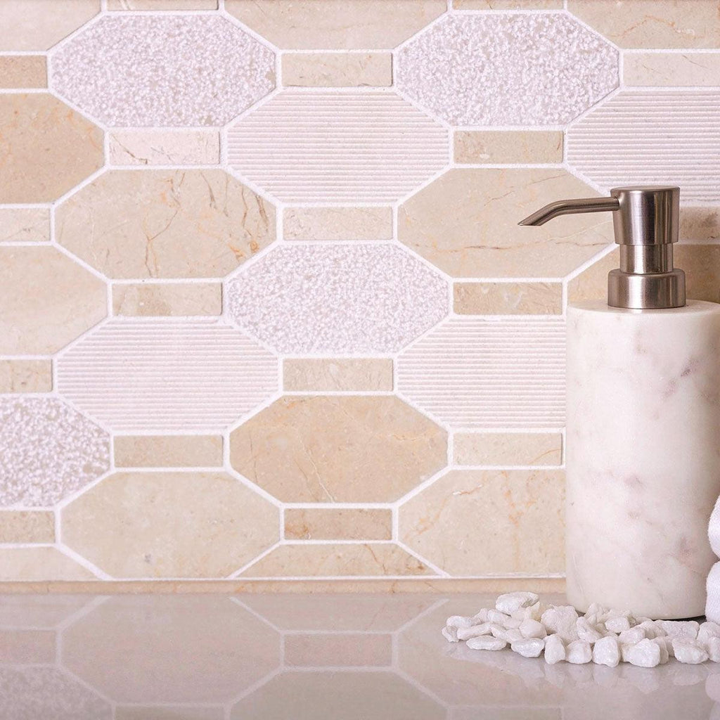 Textured Elongated Crema Marfil Hexagon Marble Mosaic Tile