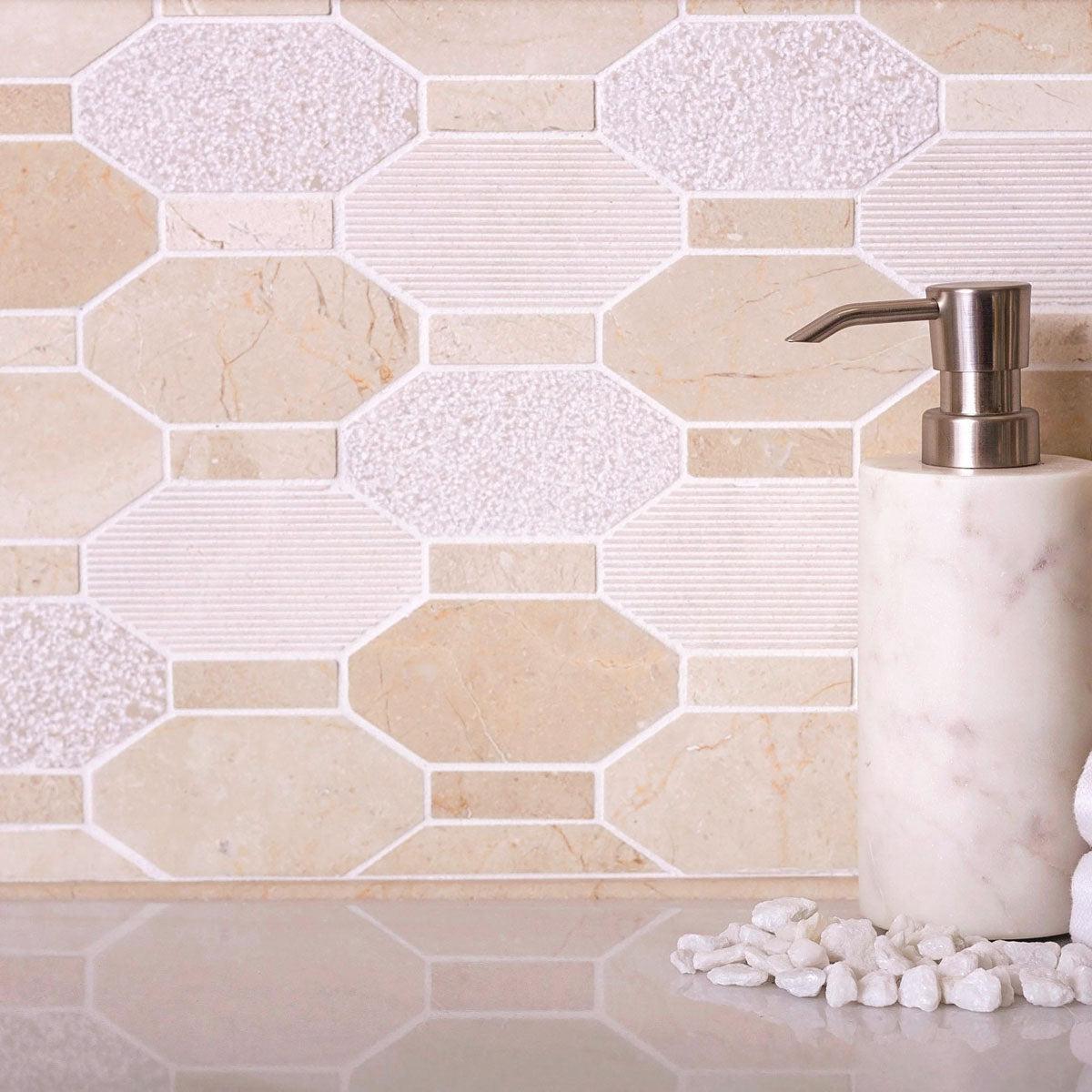 Textured Elongated Crema Marfil Hexagon Marble Mosaic Tile