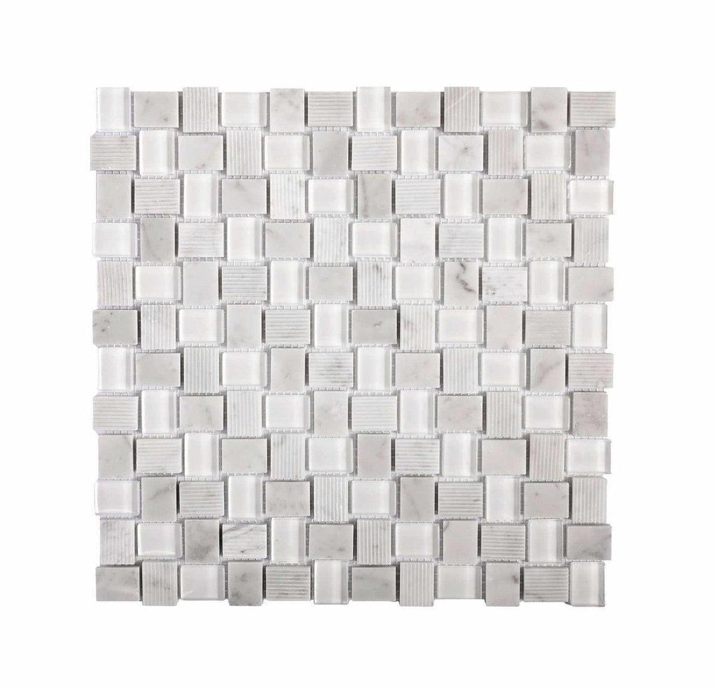 Textured Mini Brick Carrara And Glass Mosaic Tile Sample