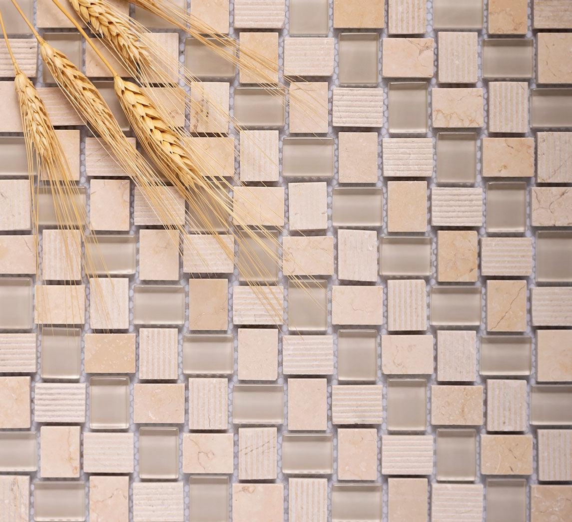 Textured Mini Brick Crema Marfil And Glass Mosaic Tile Sample
