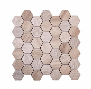 Textured Wooden Beige Honeycomb Hexagon Marble Mosaic Tile Sample