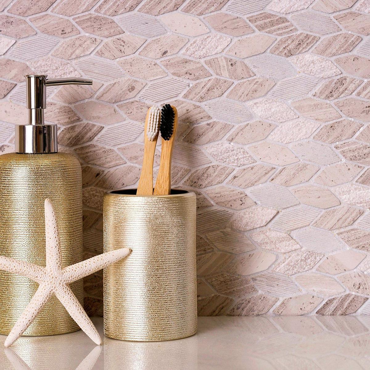 Textured Wooden Beige Leaf Marble Mosaic Tile