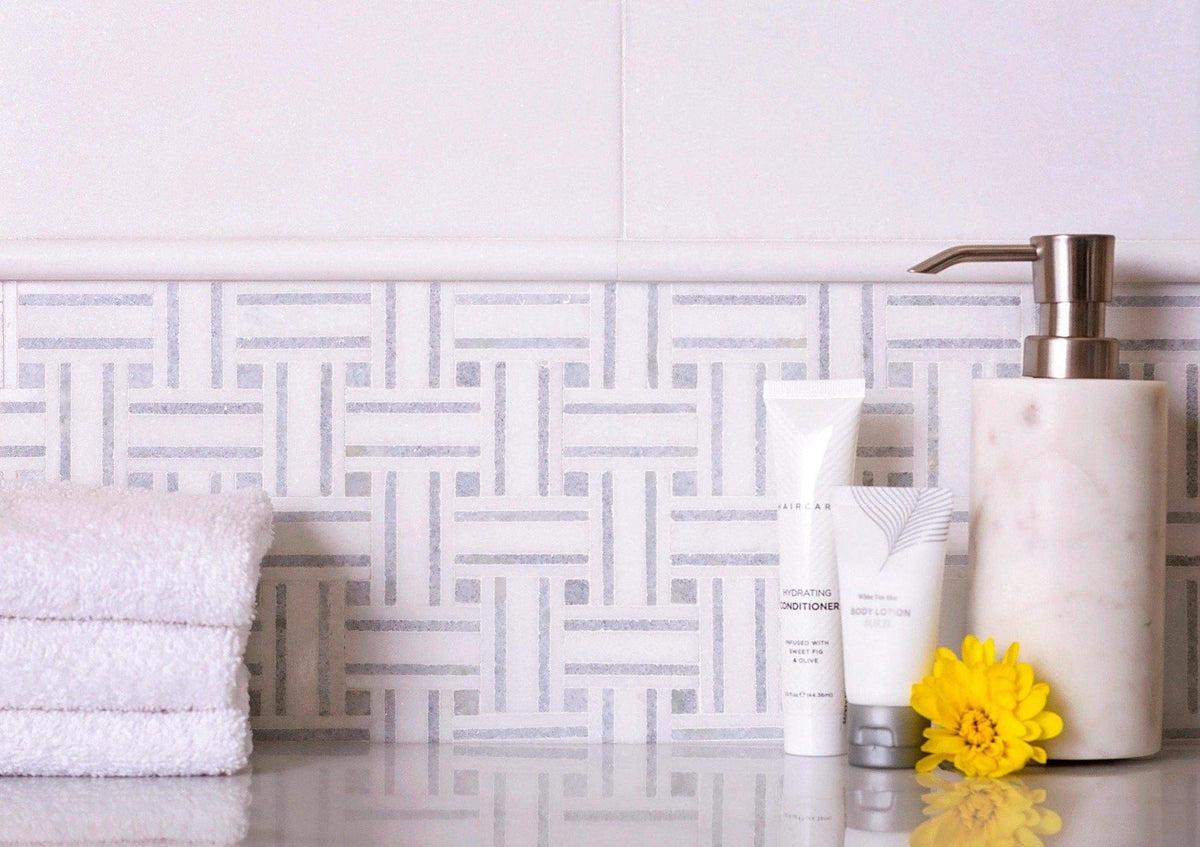 Thassos And Azul Cielo Tight Joint Basket Weave Marble Mosaic Tile
