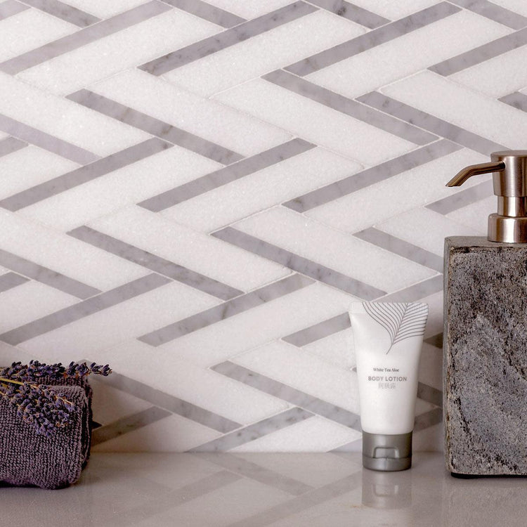 Thassos and Carrara Striped Chevron Mosaic Tile
