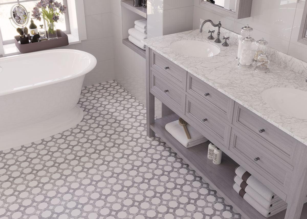 Country bathroom with gray and white octagonw woven pattern floor tile