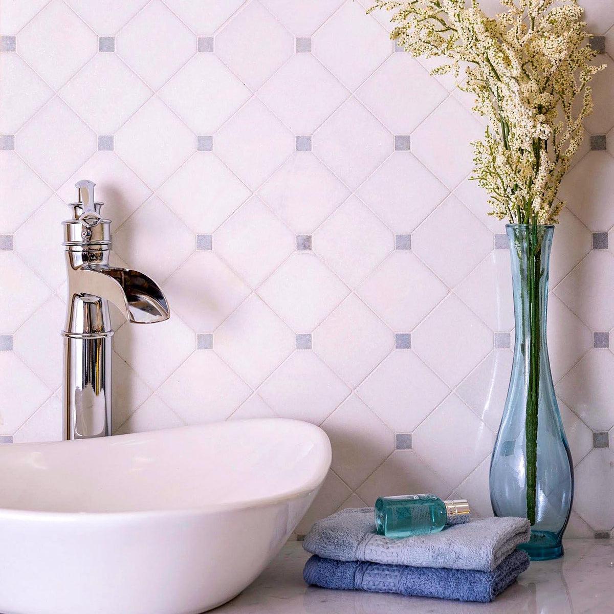 Thassos Diagonal Square and Blue Celeste Marble Tile