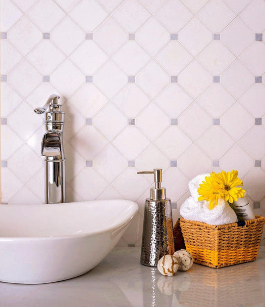 Thassos Diagonal Square And Azul Cielo Dots Marble Mosaic Tile