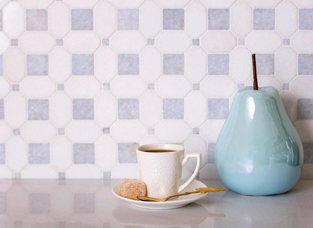 Thassos Octagon With Azul Cielo Squares Marble Mosaic Tile | 12.2" x 12.2"