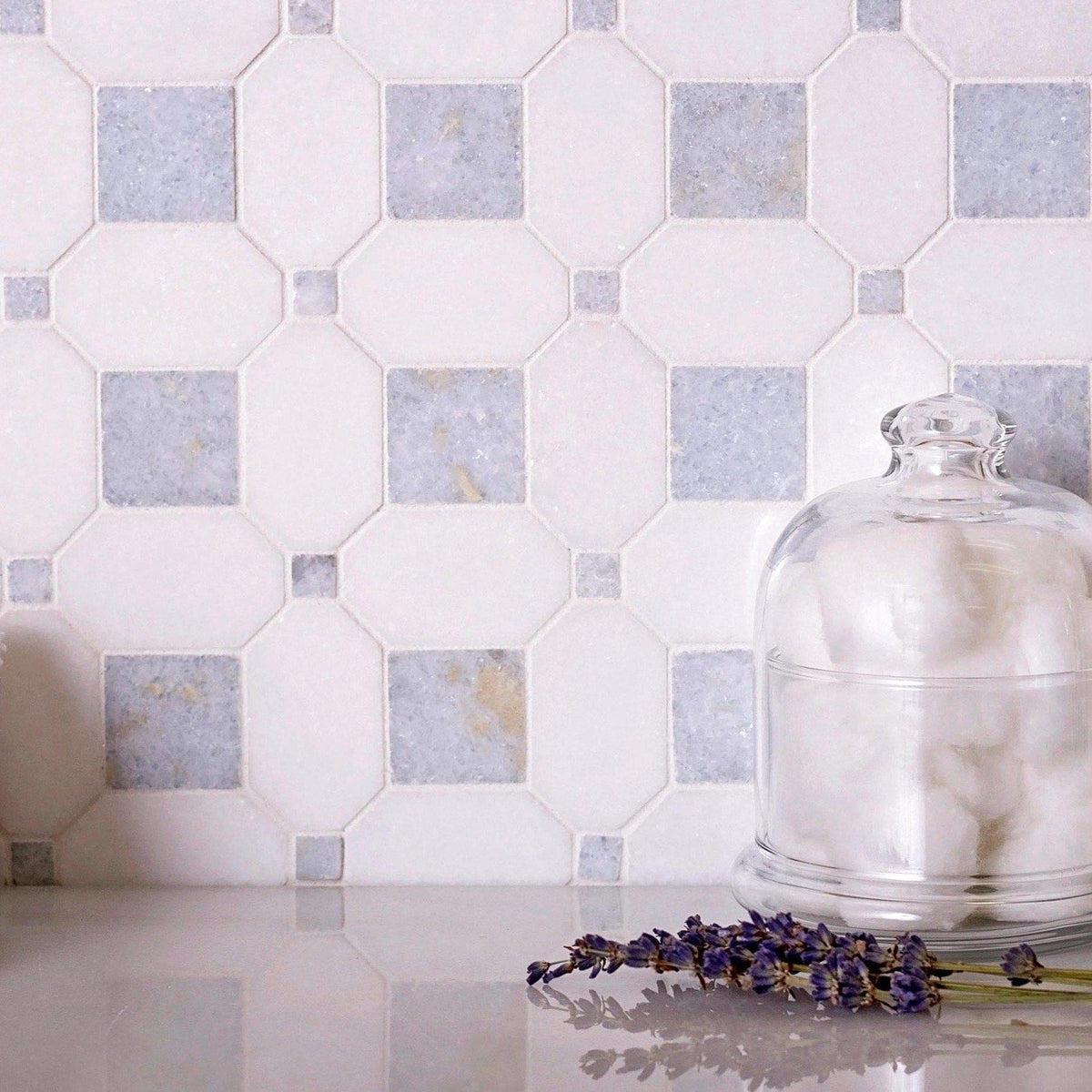 Thassos Octagon With Azul Cielo Squares Marble Mosaic Tile