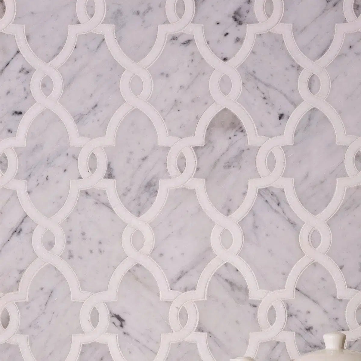 Gray and White marble patterned tile for a traditional kitchen backsplash