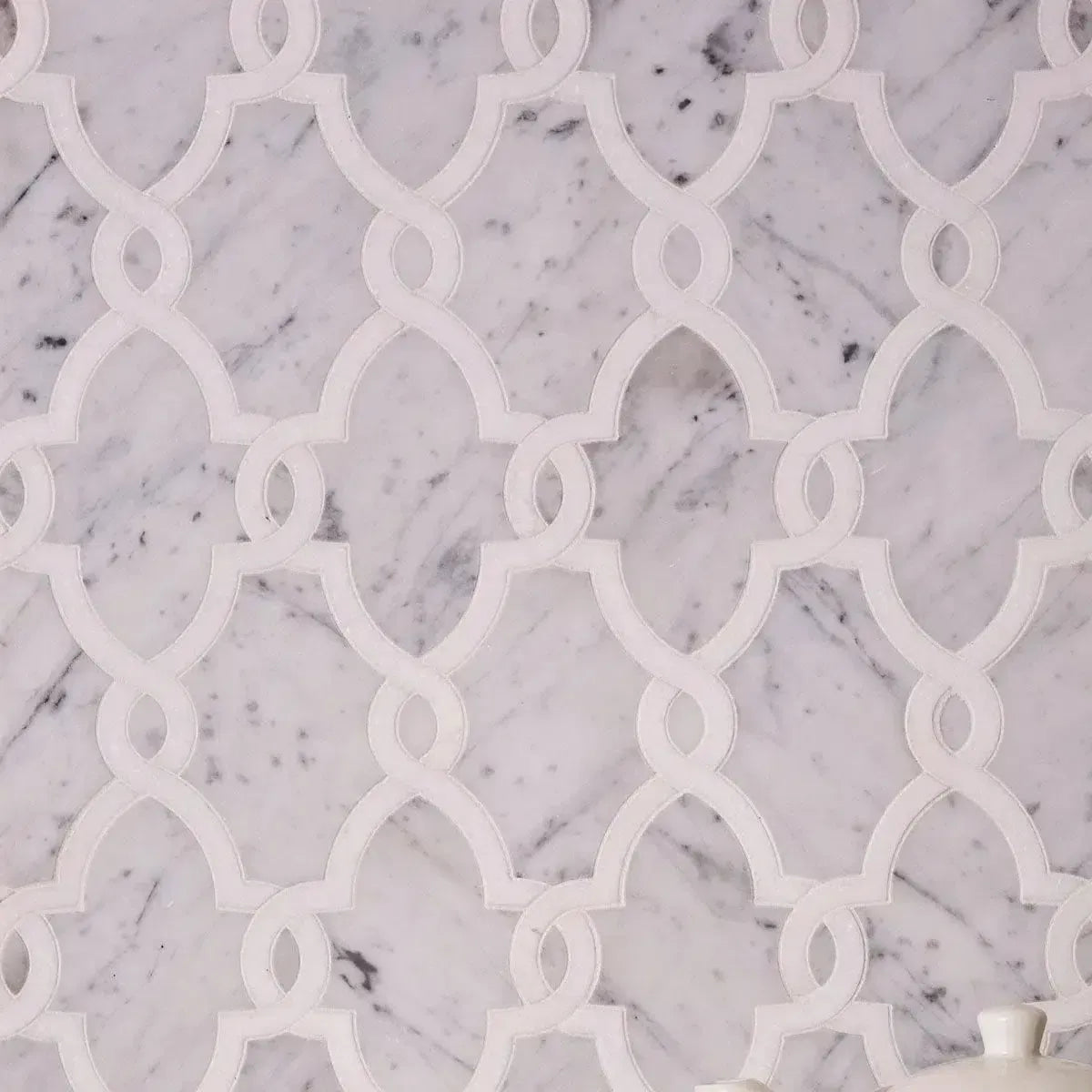 Gray and White marble patterned tile for a traditional kitchen backsplash