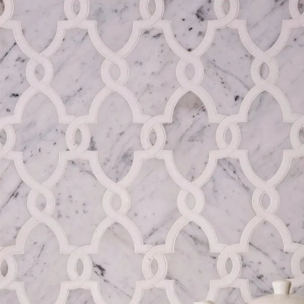 Gray and White marble patterned tile for a traditional kitchen backsplash