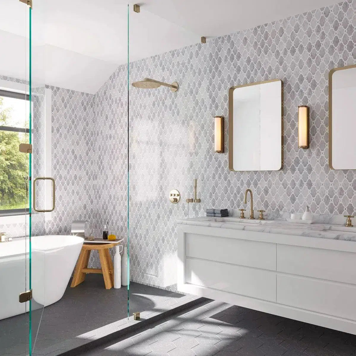 Modern open bathroom with Thassos White Chains Marble Mosaic Tile walls in in the vanity and wet room