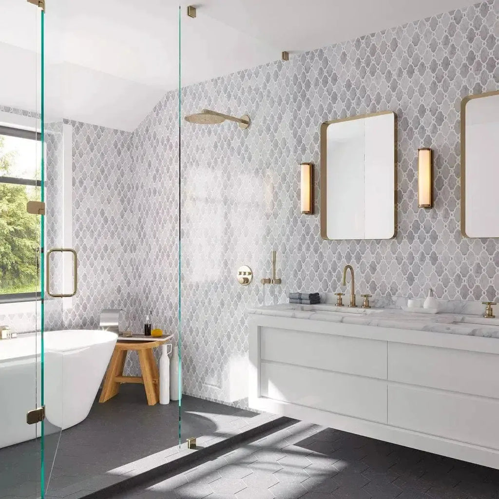 Modern open bathroom with Thassos White Chains Marble Mosaic Tile walls in in the vanity and wet room