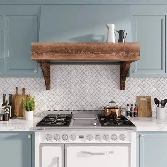 Blue and White Kitchen with Thassos Marble Mini Arabesque Mosaic Backsplash Tile