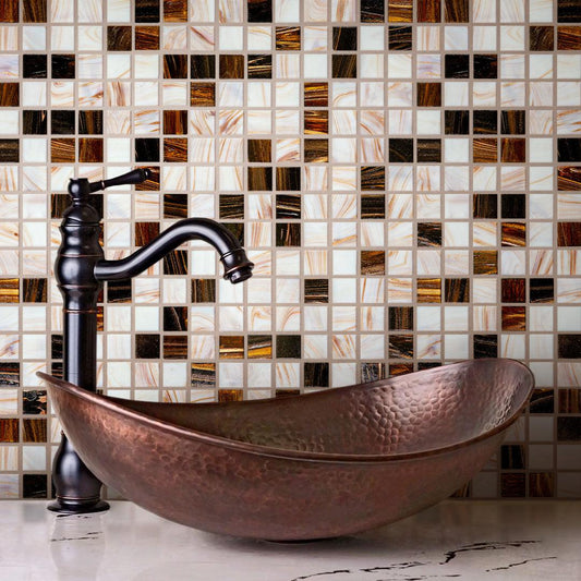 Tiger's Eye Mixed Squares Glass Tile for a Brown and Copper Bathroom Backsplash