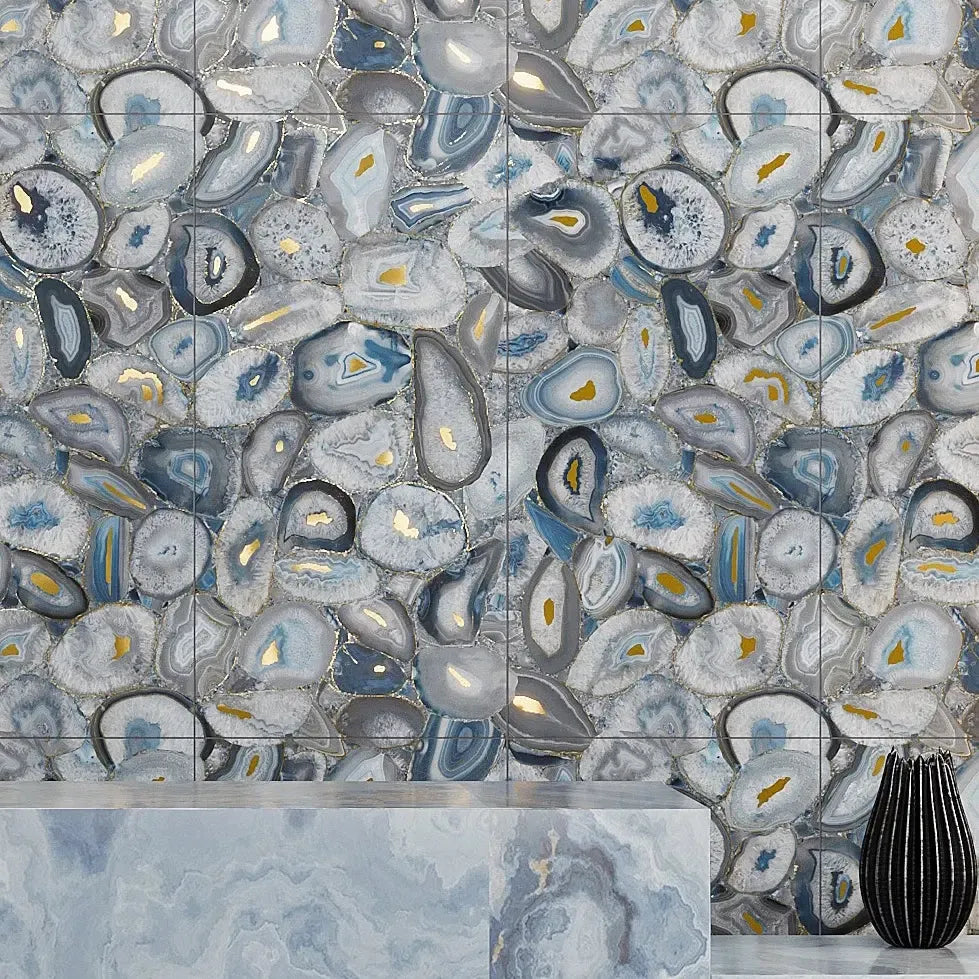 Preciosa Blue Geode and Gold Porcelain Tile Accent Wall