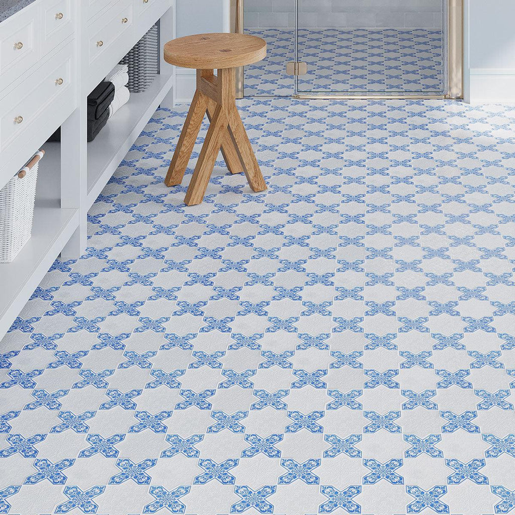 Moroccan White Star & Blue Cross Etched Marble mosaic tile