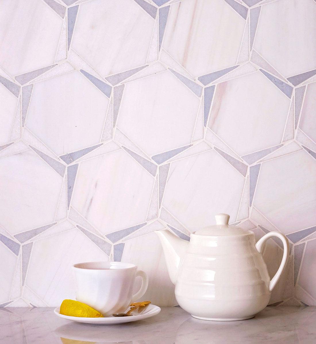 Patterned Octagon Tile with Triangular Mosaic Details in White and Blue Marble