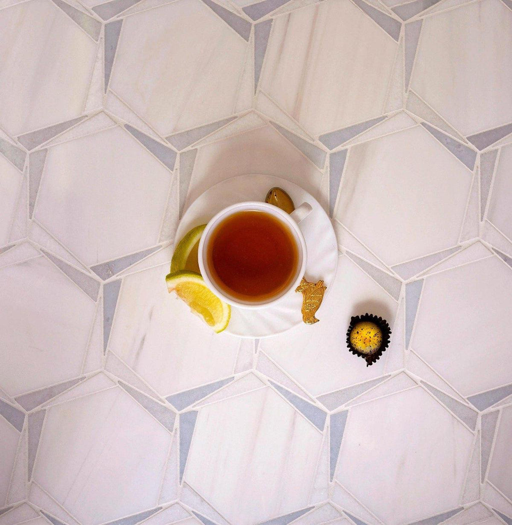 Triangular Hexagon in Bianco Dolomiti Leyte Blue and Thassos Marble Mosaic Tile