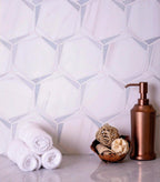 Triangular Hexagon in Bianco Dolomiti Leyte Blue and Thassos Marble Mosaic Tile