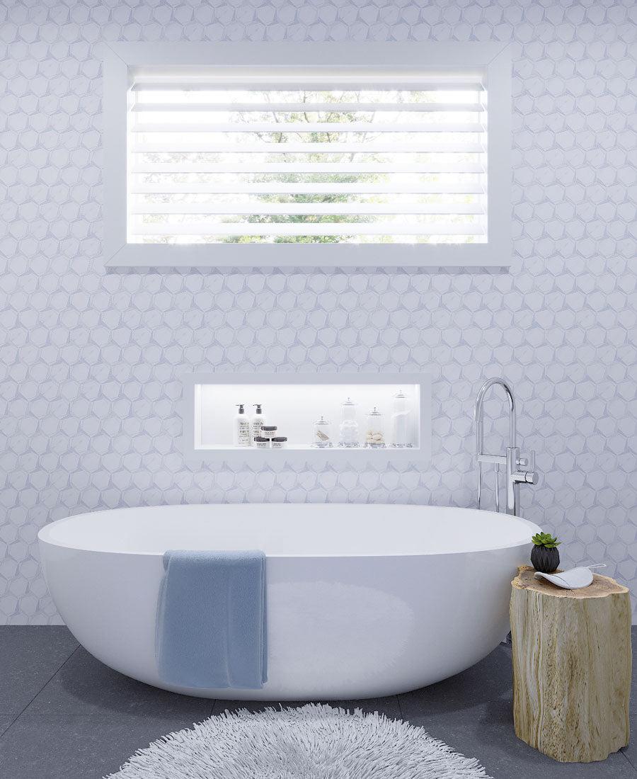 Blue and White Geometric Bathroom with Triangular Hexagon in Bianco Dolomiti Leyte Blue and Thassos Marble Mosaic Tile
