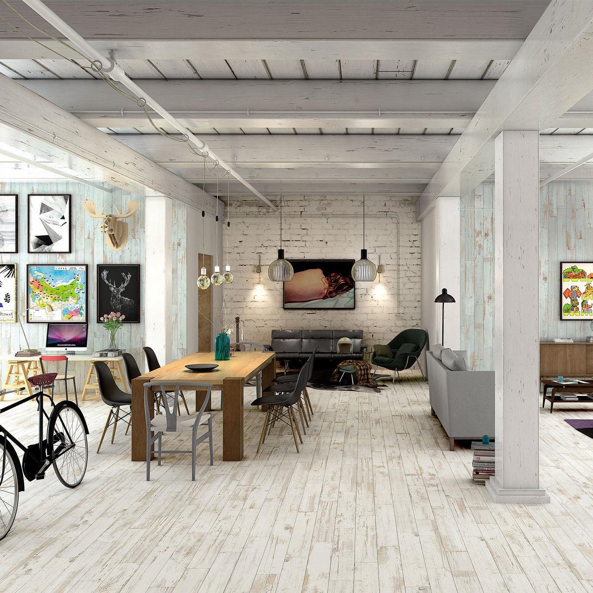 Whitewashed wood look porcelain flooring tile in trendy workspace loft