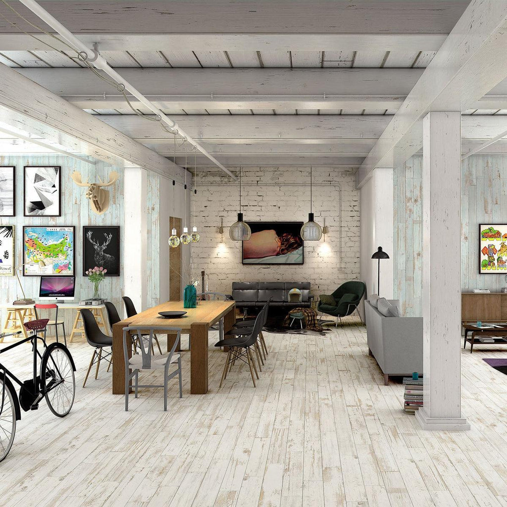 Whitewashed wood look porcelain flooring tile in trendy workspace loft