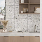 Gray and beige flecked terrazzo kitchen wall tile