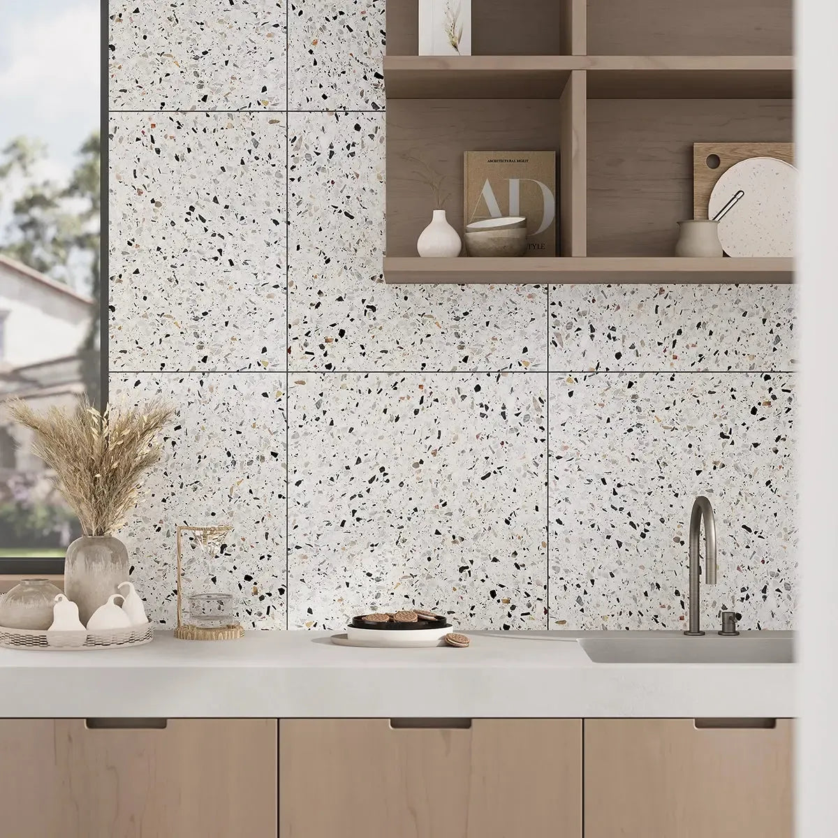 Gray and beige flecked terrazzo kitchen wall tile