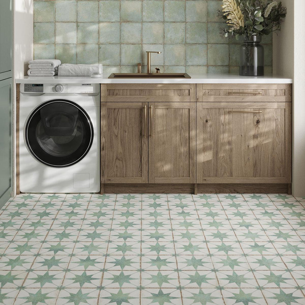 Ursa Turquoise Star 7.87 x 7.87 Porcelain Tile Laundry Room Floor