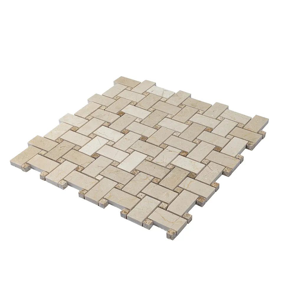 Crema Marfil Basket Weave With Emperador Dark Dot Marble Mosaic Tile | Tile Club