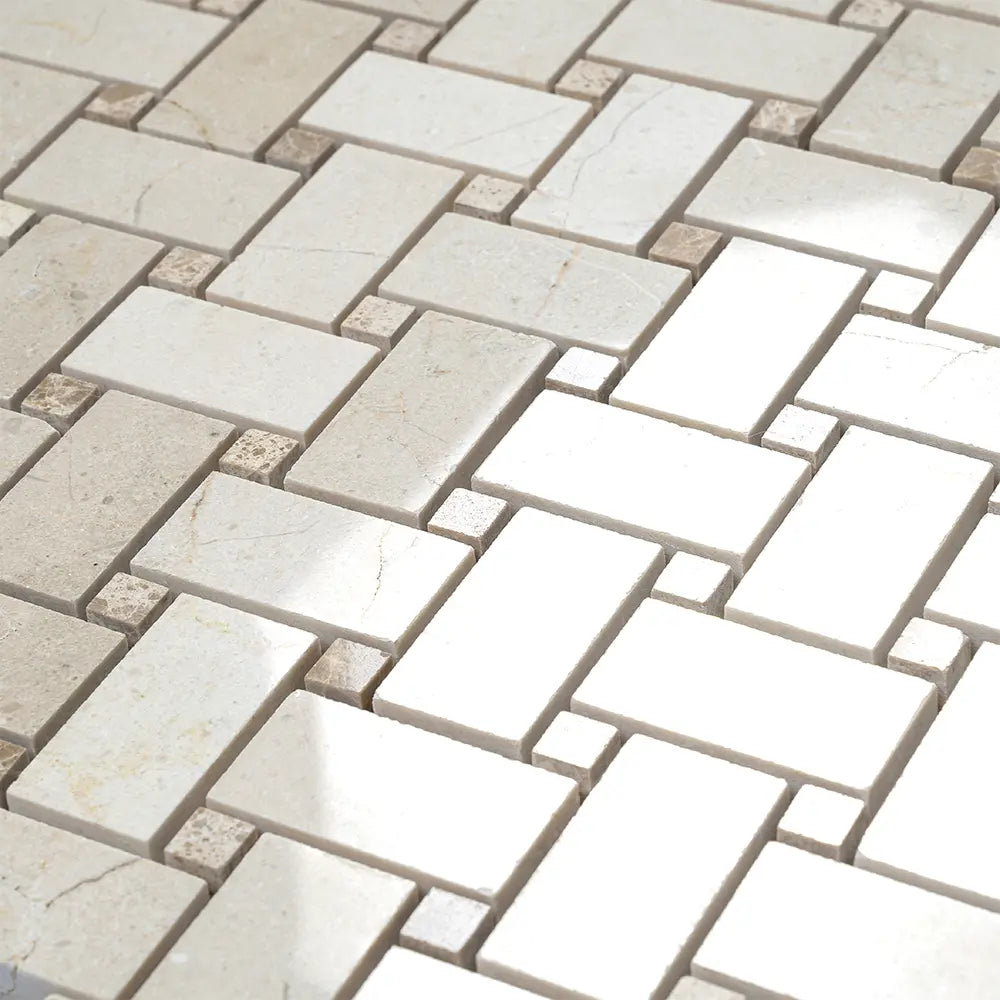 Crema Marfil Basket Weave With Emperador Dark Dot Marble Mosaic Tile | Tile Club