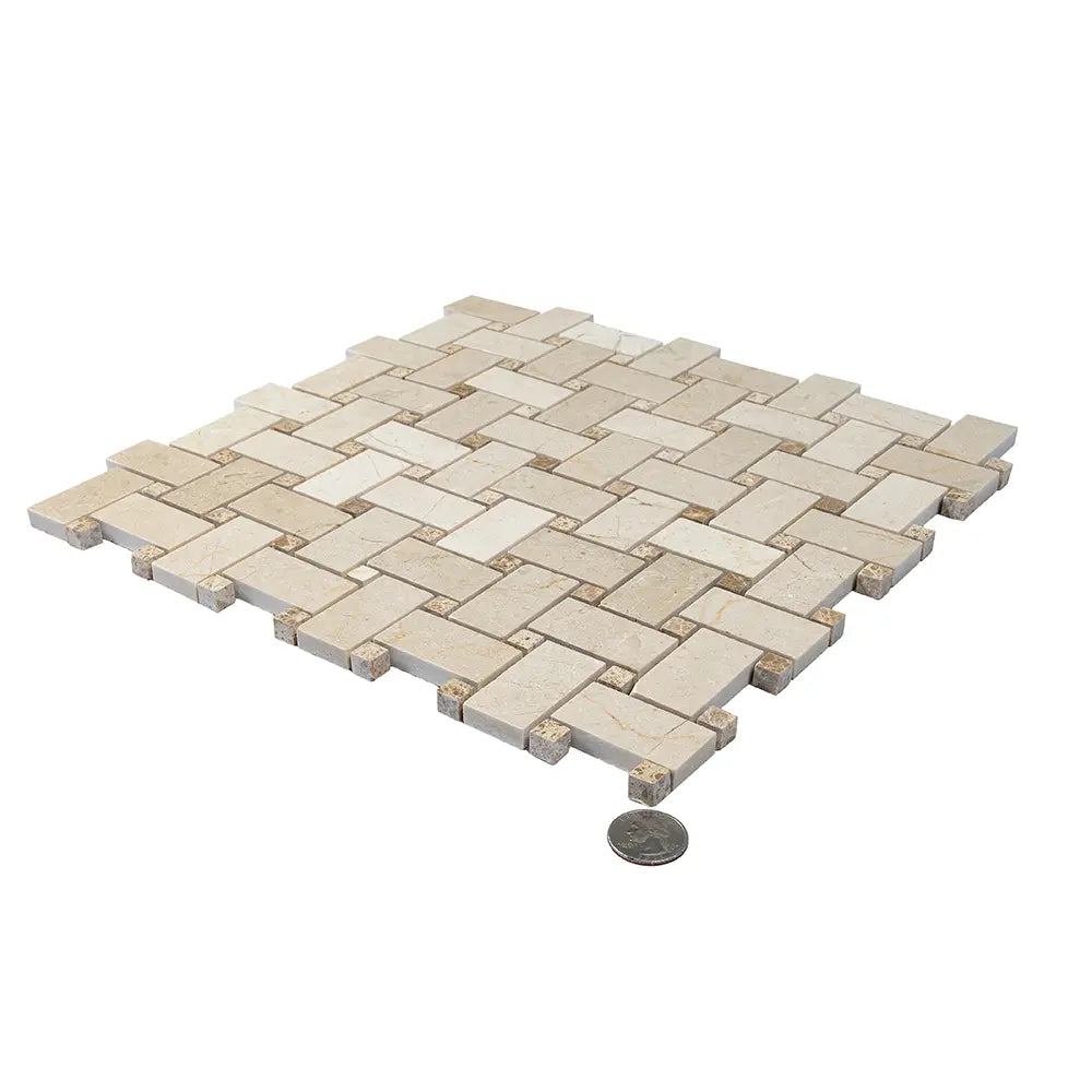 Crema Marfil Basket Weave With Emperador Dark Dot Marble Mosaic Tile | Tile Club