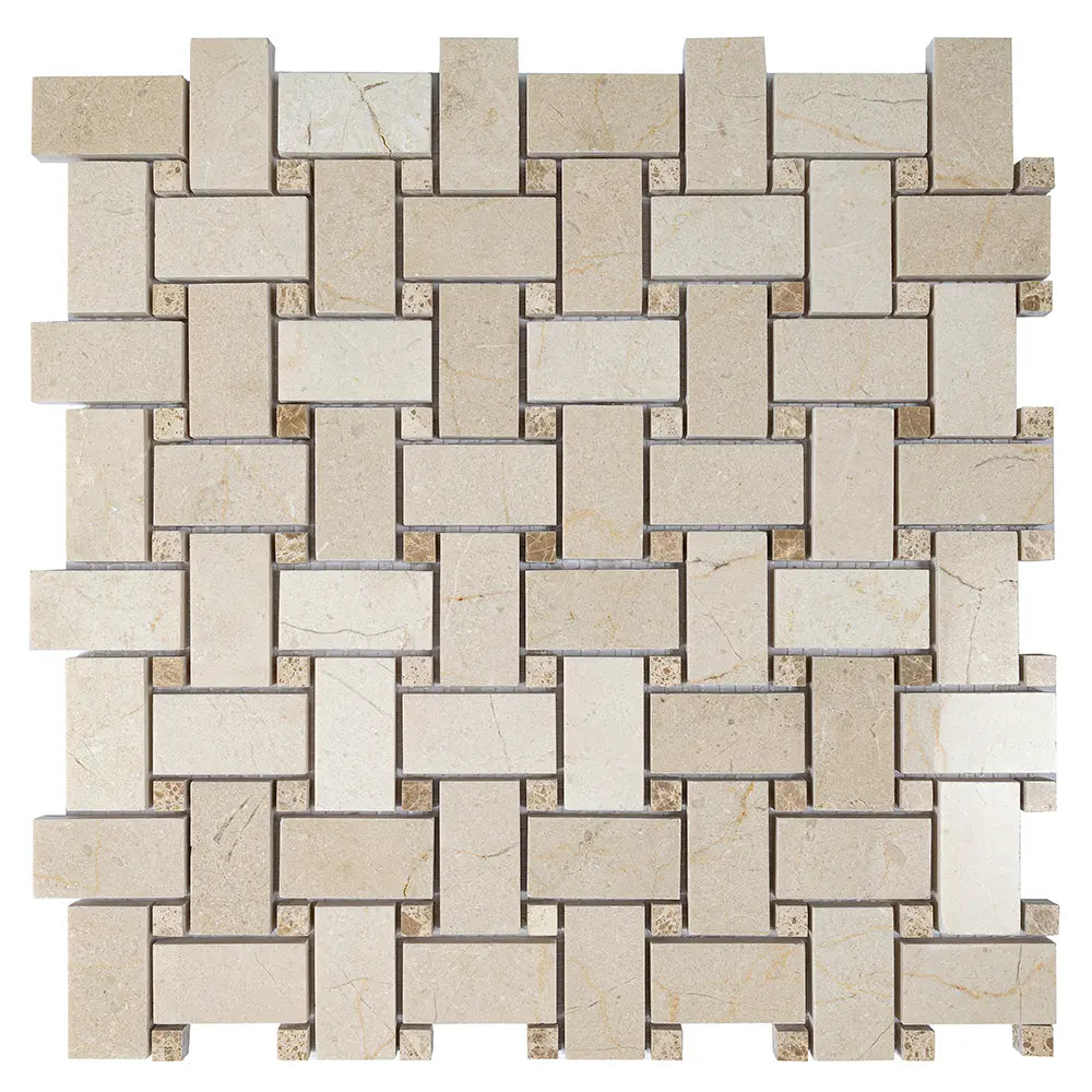 Crema Marfil Basket Weave With Emperador Dark Dot Marble Mosaic Tile | Tile Club