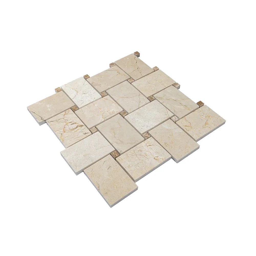 Crema Marfil Large Basket Weave With Emperador Light Dot Marble Mosaic Tile | Tile Club