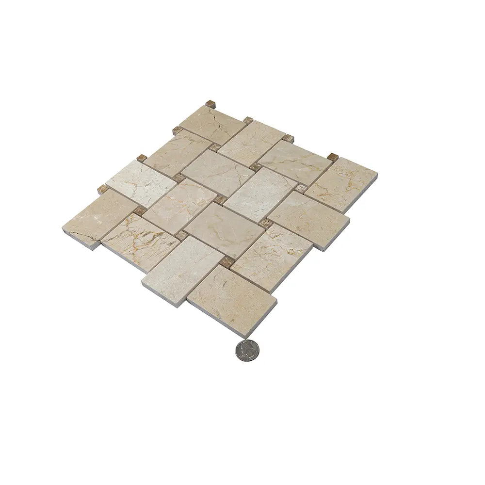 Crema Marfil Large Basket Weave With Emperador Light Dot Marble Mosaic Tile | Tile Club