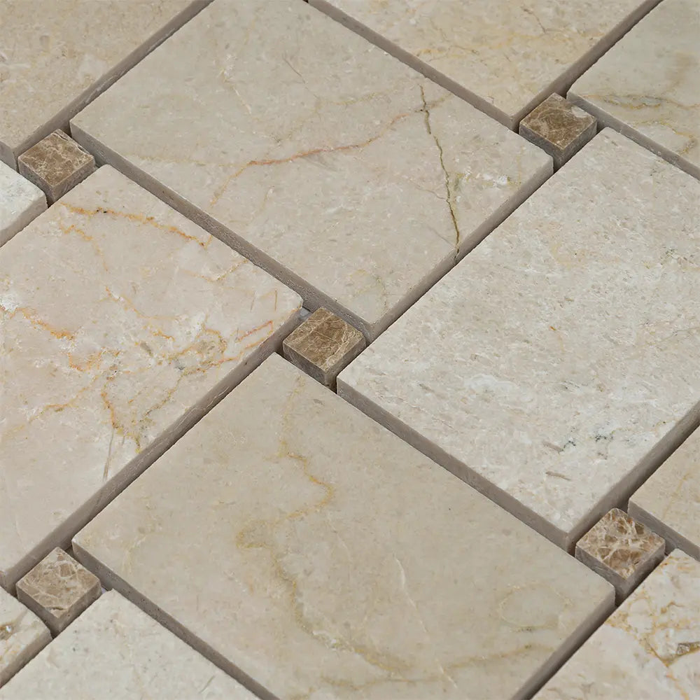 Crema Marfil Large Basket Weave With Emperador Light Dot Marble Mosaic Tile | Tile Club