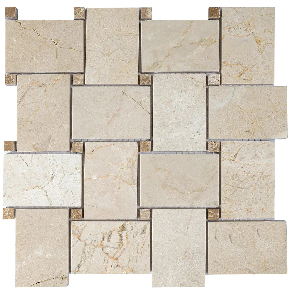 Crema Marfil Large Basket Weave With Emperador Light Dot Marble Mosaic Tile | Tile Club