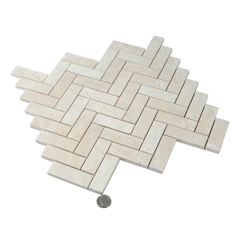 Crema Marfil Herringbone 1X3 Polished Marble Mosaic Tile | Tile Club