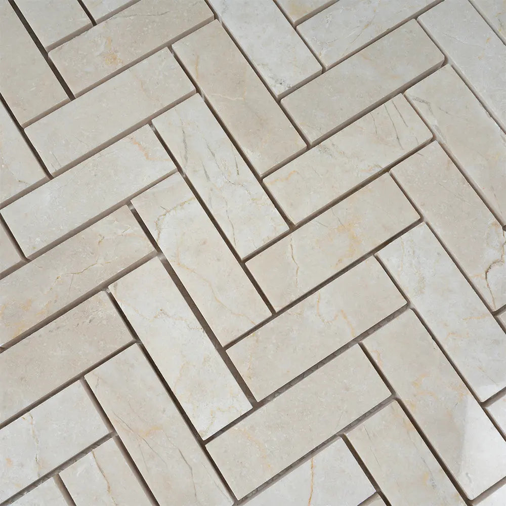Crema Marfil Herringbone 1X3 Polished Marble Mosaic Tile | Tile Club