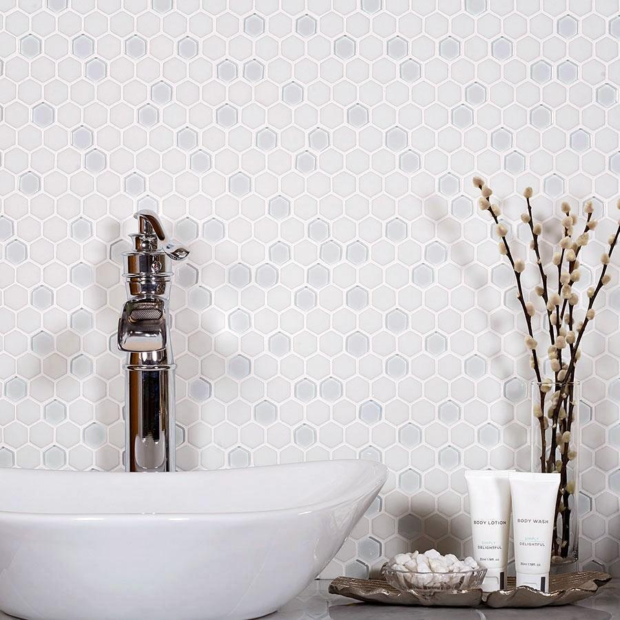 White Bathroom Tile Wall with Recycled Glass Hexagon Mosaic Tile