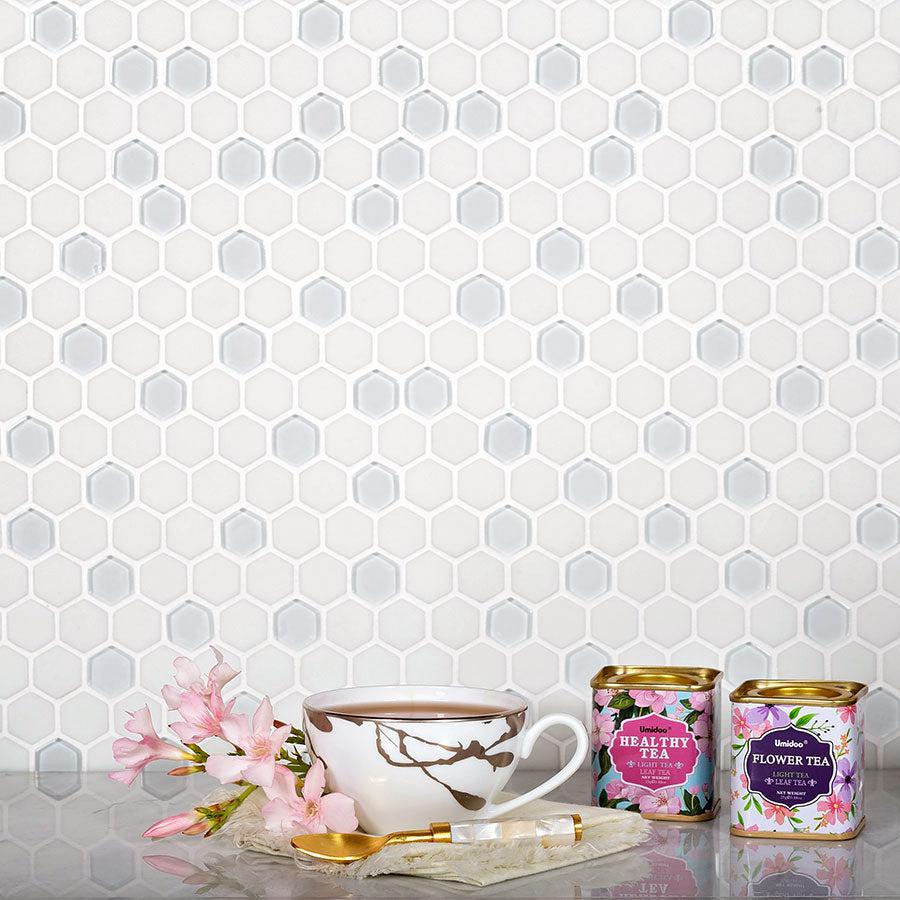 White Kitchen Tile Wall with Recycled Glass Hexagon Mosaic 