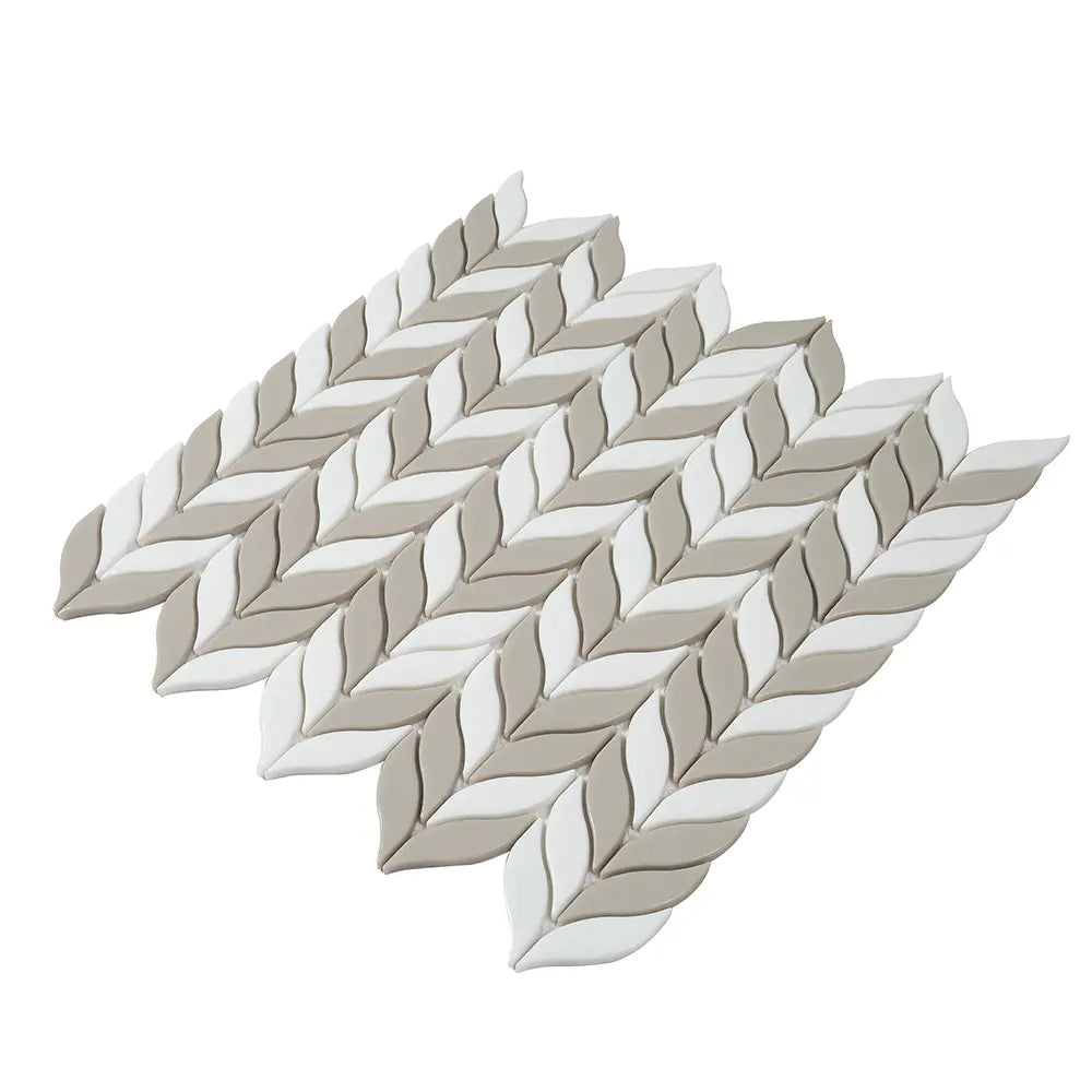 White And Beige Mix Leaf Recycled Glass Mosaic Tile | Tile Club
