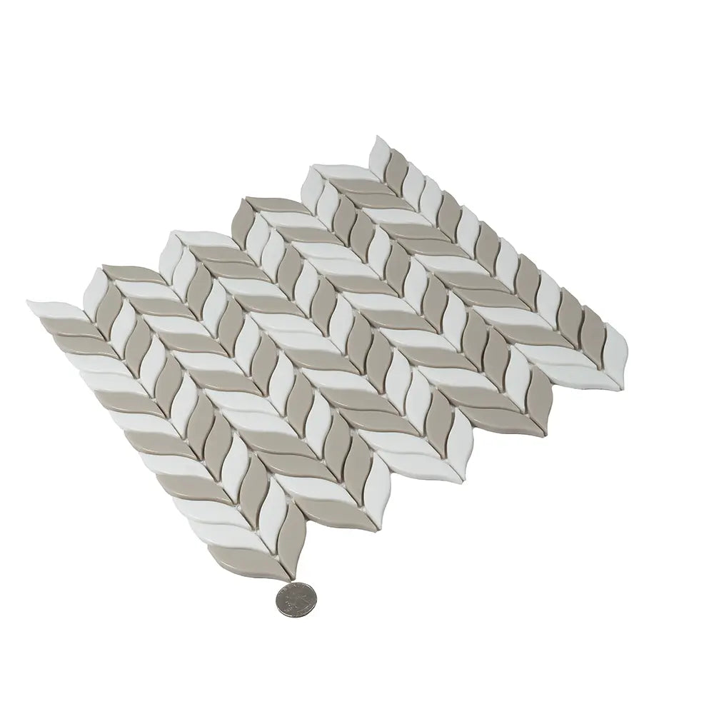 White And Beige Mix Leaf Recycled Glass Mosaic Tile | Tile Club
