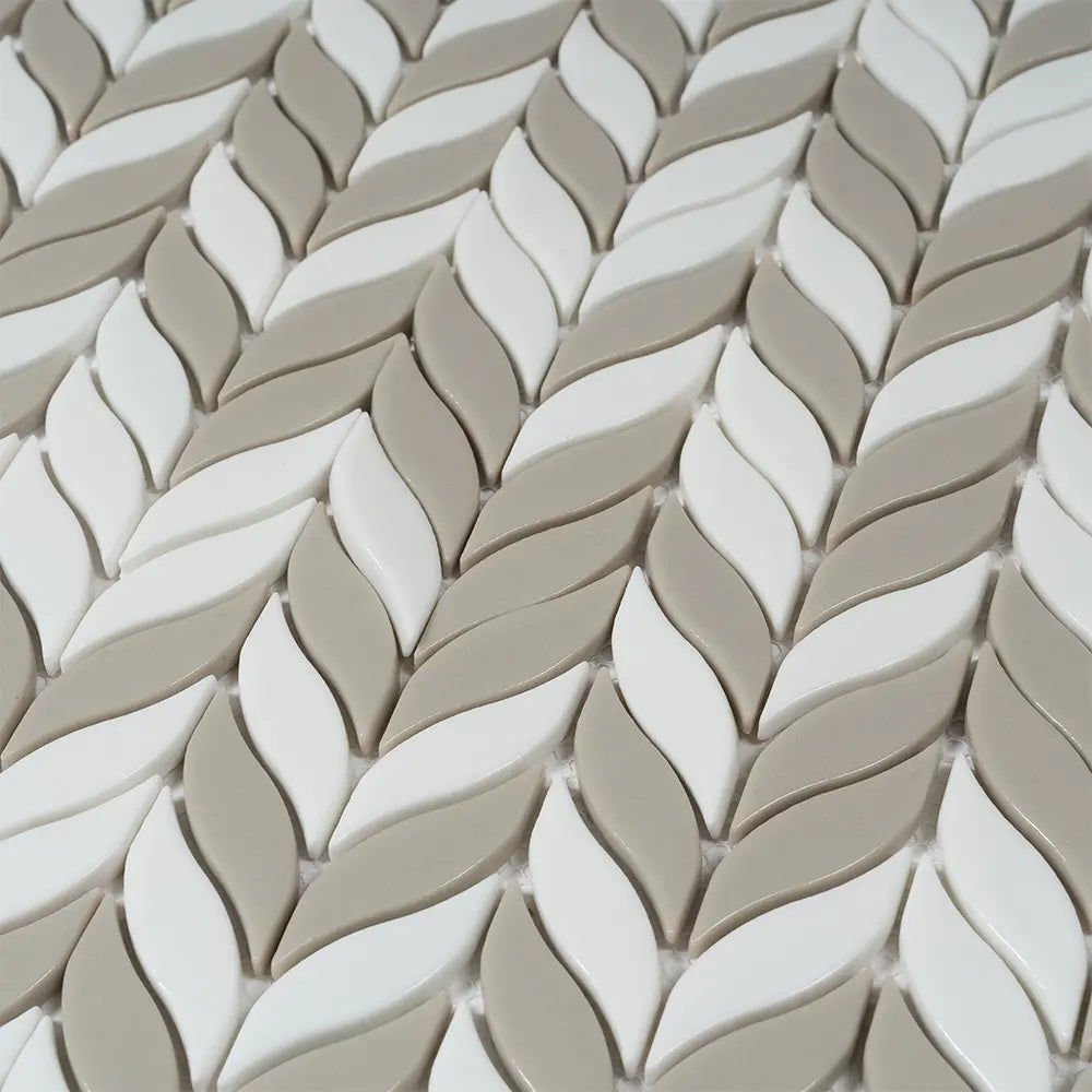 White And Beige Mix Leaf Recycled Glass Mosaic Tile | Tile Club